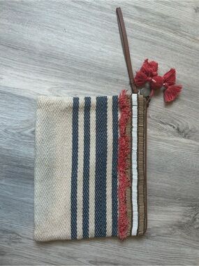 LOFT Cream and Navy Striped Wristlet Clutch with Coral Tassels